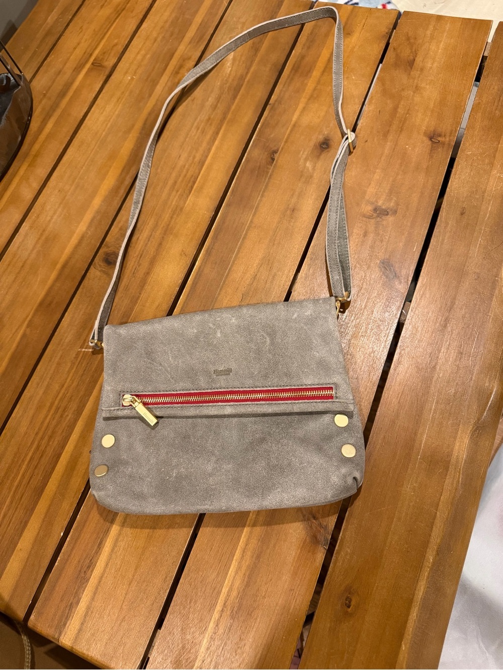 EUC Hammitt Gray Suede Crossbody with Red Zip and Gold Accents